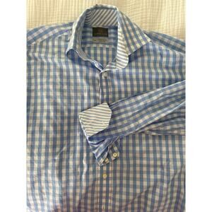TD Thomas Dean Size Med Light Blue Large Check Shirt Flip Cuff Contrast Collar
